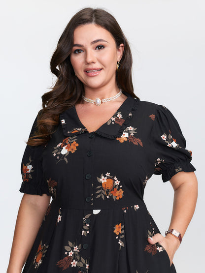 Retro Floral Print Cinched-Waist Midi Dress