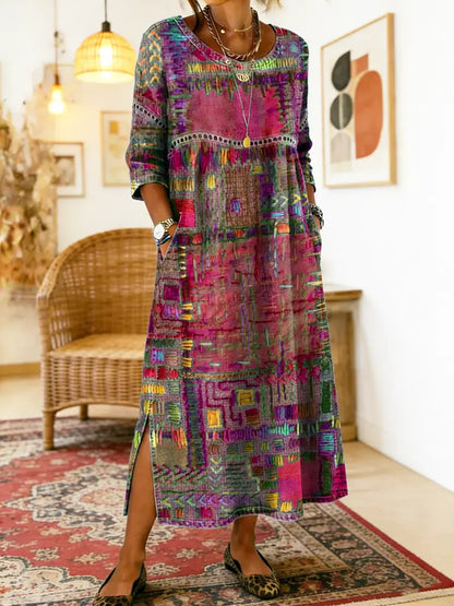 Women's Ethnic Patchwork Printed Cotton Denim Dress with Lace Trim