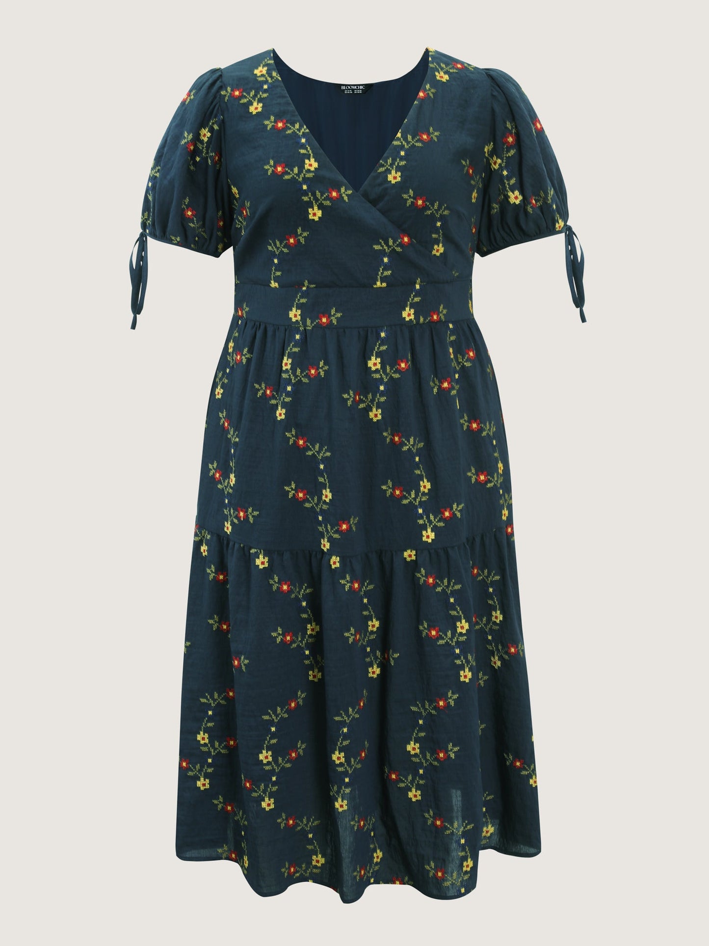 Floral Embroidered Sleeve Tie Midi Dress