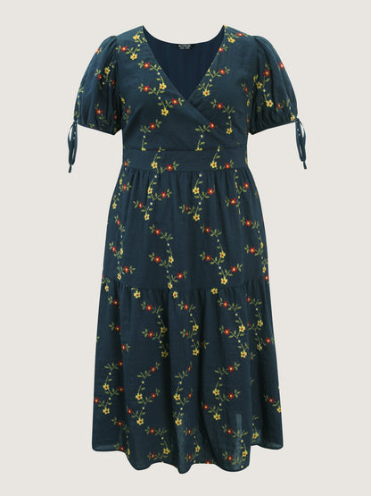 Floral Embroidered Sleeve Tie Midi Dress