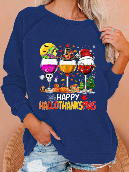 Women's Happy Hallothanksmas Wine Print Sweatshirt