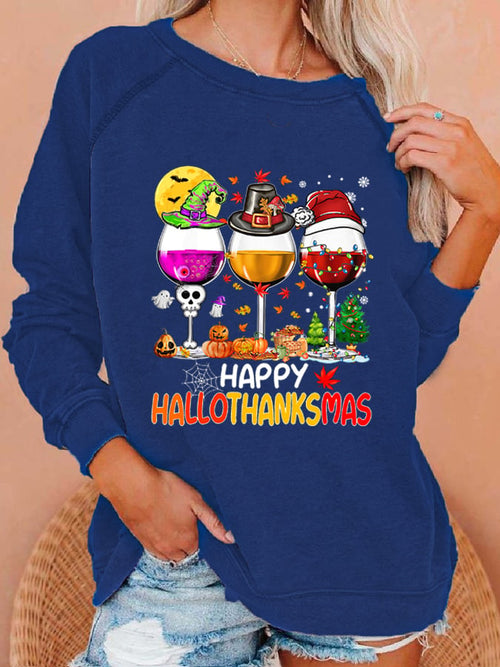 Women's Happy Hallothanksmas Wine Print Sweatshirt