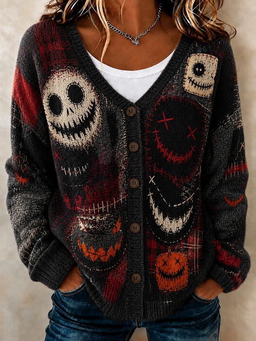 Women's Retro Halloween Patchwork Print Casual Knit Cardigan