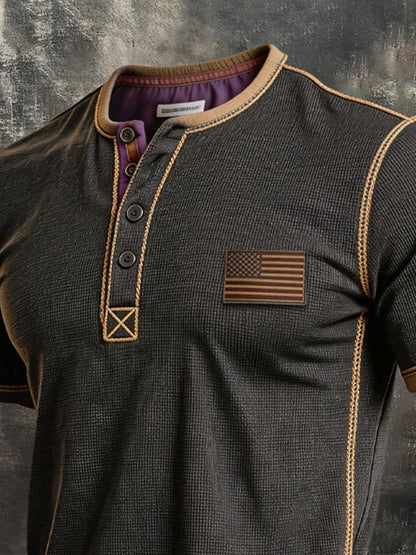 Men's Retro Color-block Waffle-Knit Henley T-Shirt