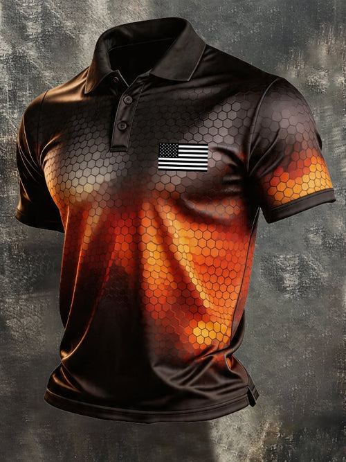 Men's Retro Patriotic Color-Block Short-Sleeve Polo Shirt