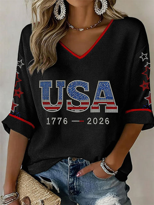 Women's USA Print Waffle Long Sleeve T-Shirt