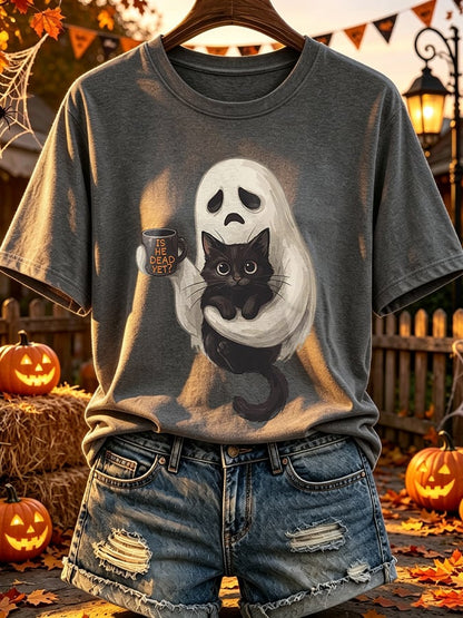 Retro Halloween Is He Dead Yet Ghost Black Cat Coffee Print T-Shirt