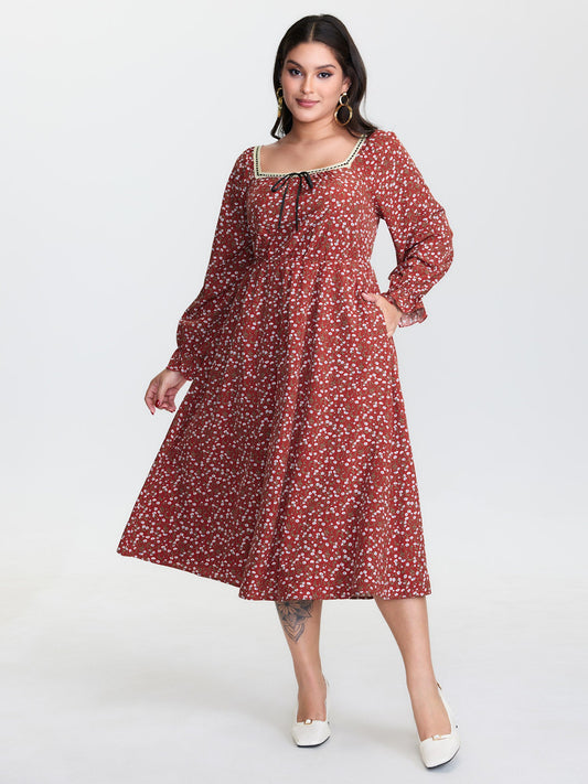 Floral Print Square Neckline Drawstring Midi Dress