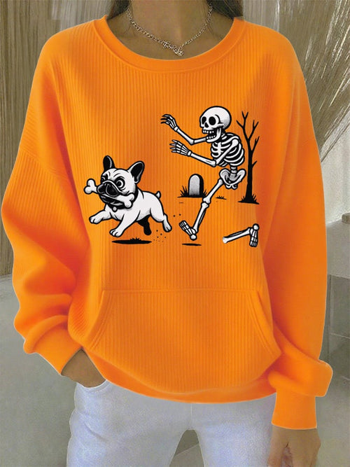Halloween French Bulldog Skull Fun Print Casual Top