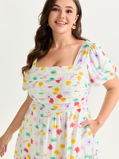 Playful Floral Print Pleated Flowy Midi Dress
