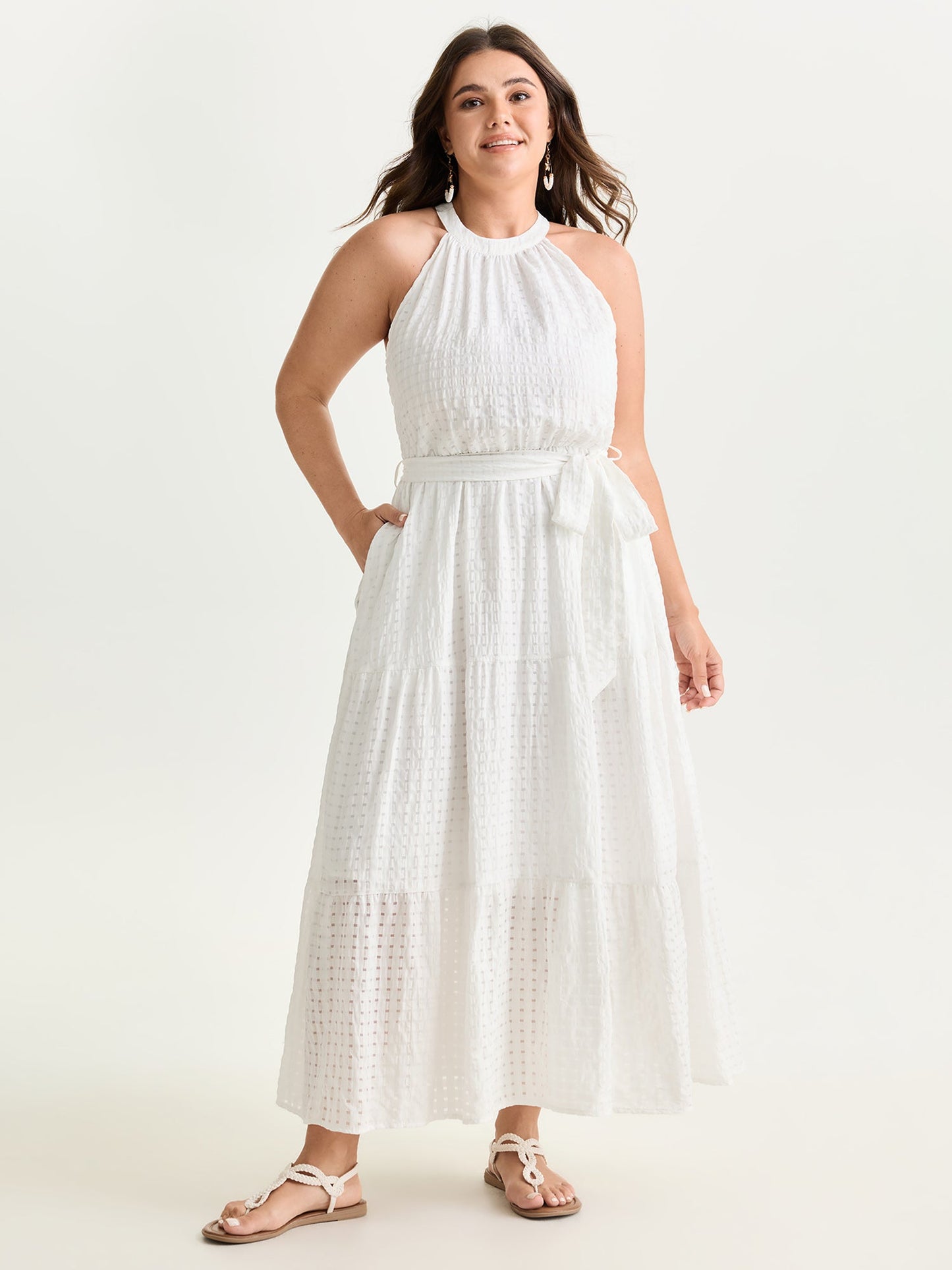 Textured Halter Neckline Tiered Midi Dress