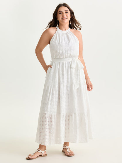 Textured Halter Neckline Tiered Midi Dress
