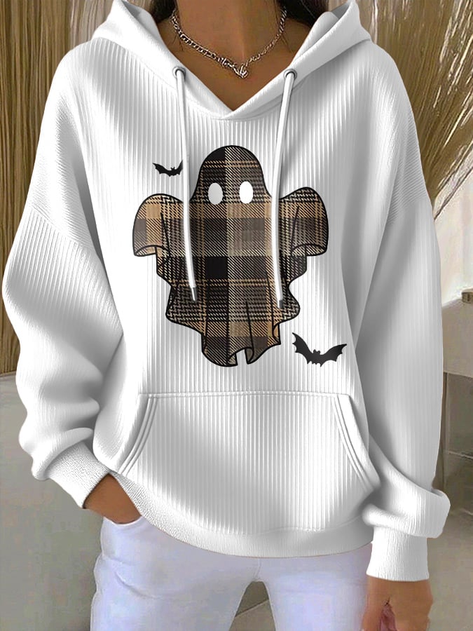🔥HOT SALE🔥Retro Halloween Ghost & Bats Flannel Plaid Print Hoodie