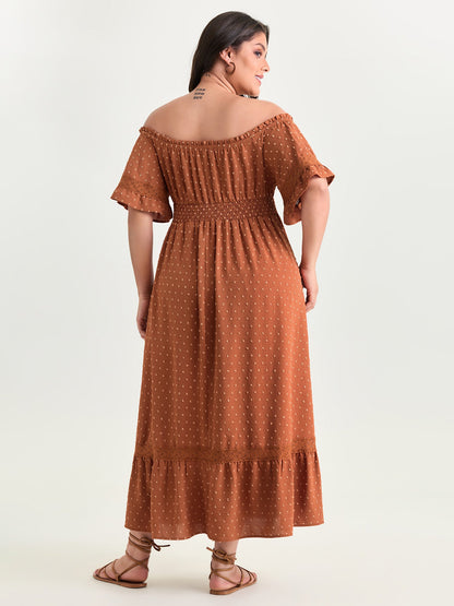 Textured Lace Trim Off-Shoulder Midi Dress