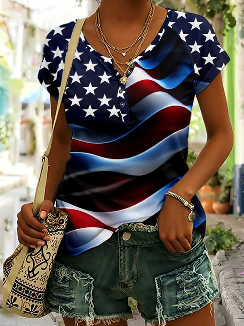 Women's Vintage American Flag Print Button Design Casual T-Shirt