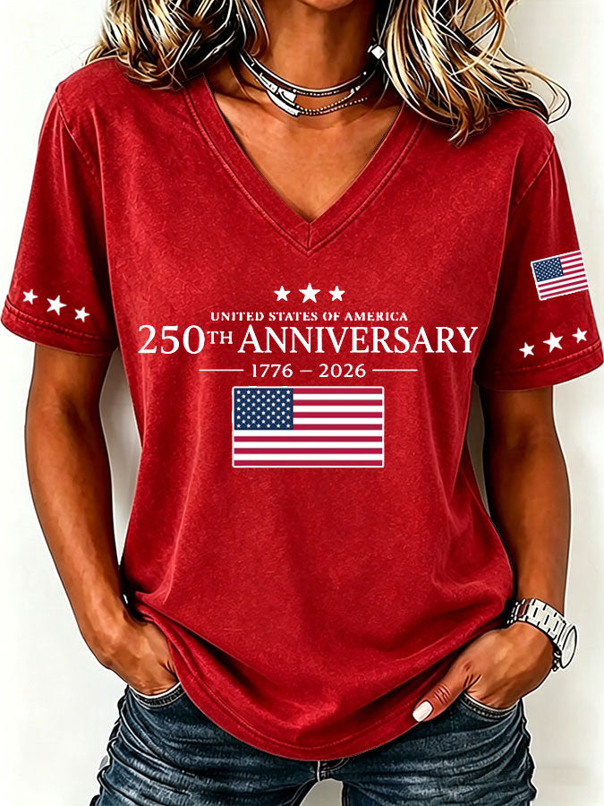 Women'S America Flag  Print Casual V-Neck T-Shirt