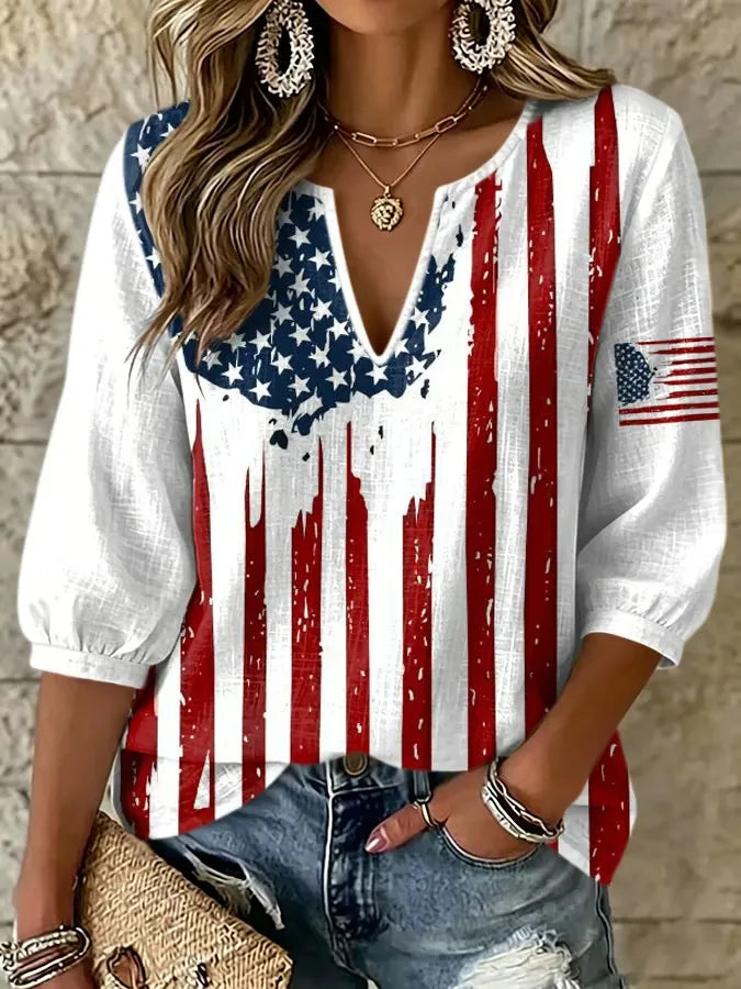 Women'S Retro Independence Day American Flag Printed Five Quarter Sleeve Top