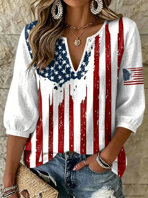 Women'S Retro Independence Day American Flag Printed Five Quarter Sleeve Top