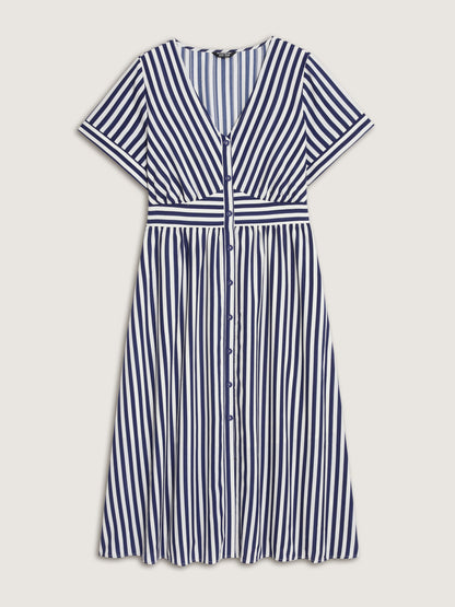 Striped Print Shirred Button Detail Midi Dress