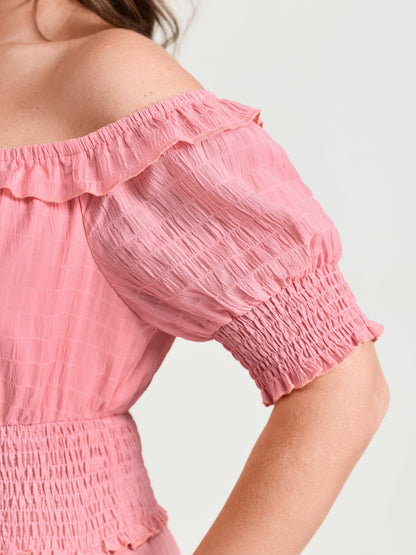 Shirred Waist Off-Shoulder Tiered Maxi Dress