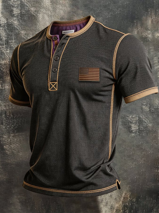 Men's Retro Color-block Waffle-Knit Henley T-Shirt