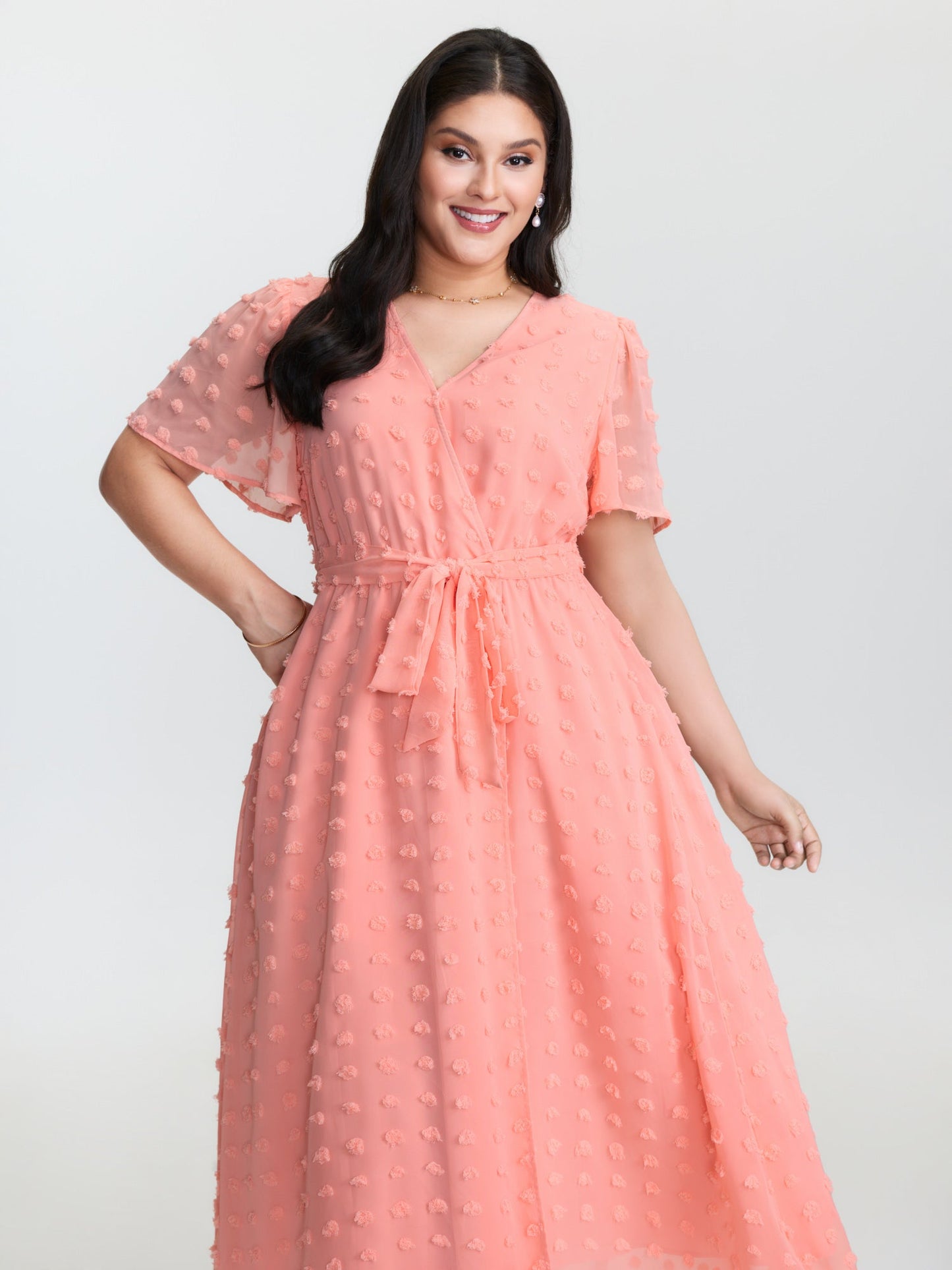 Stretchy Waistband Tie Wrap Neckline Maxi Dress