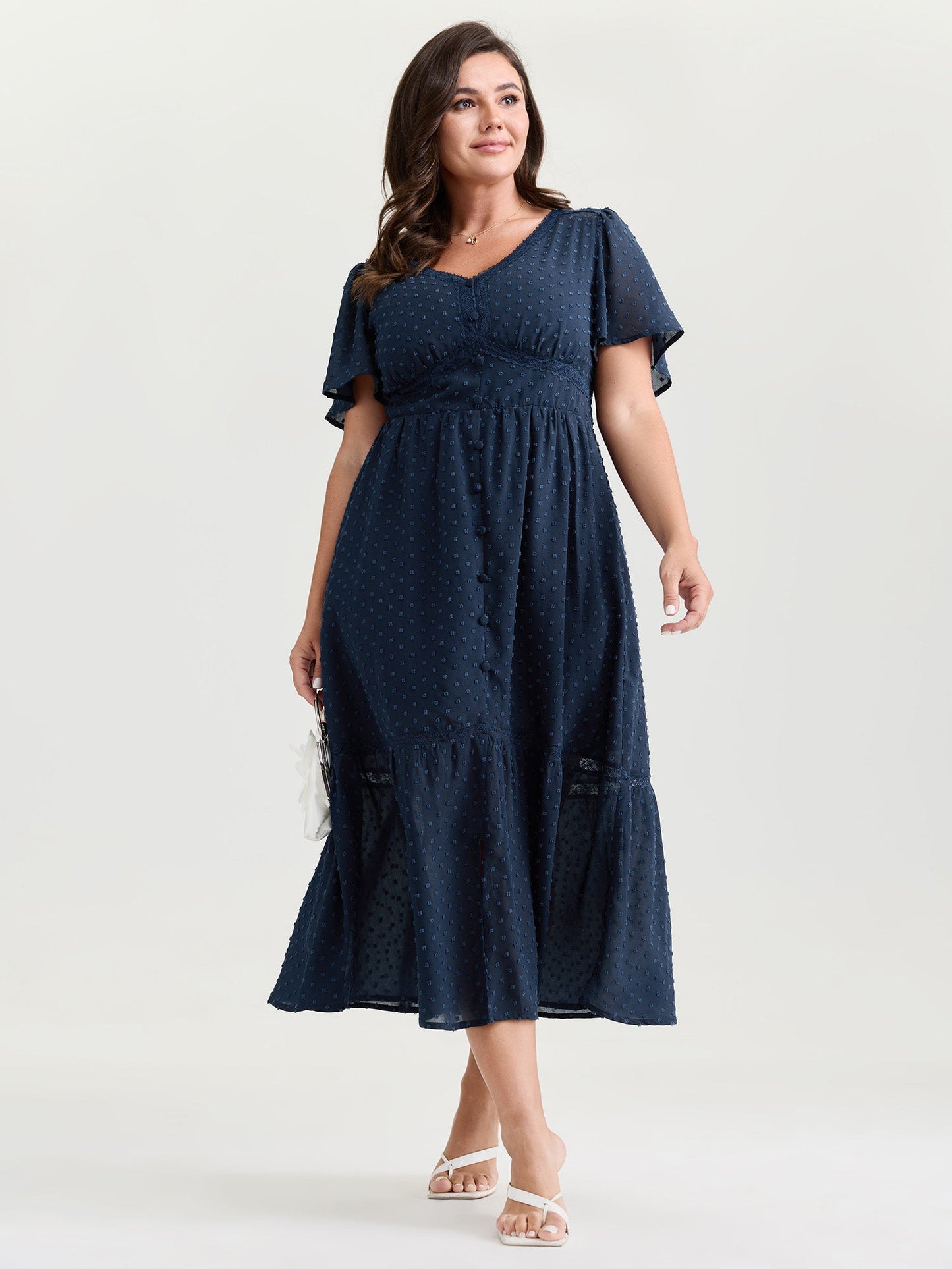 Textured Cinched-Waist V-Neck Midi Dress