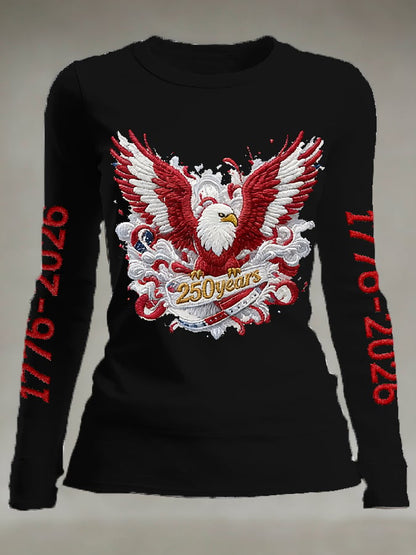 Women's casual long-sleeved T-shirt with 250th anniversary national flag and floral print.
