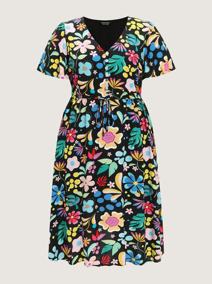 Bright Floral Print Flared Sleeve Midi Dress