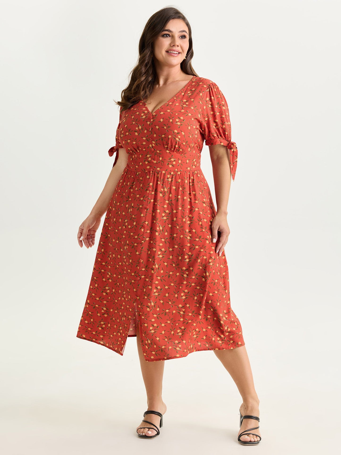 Micro Floral Print Sleeve Tie Midi Dress