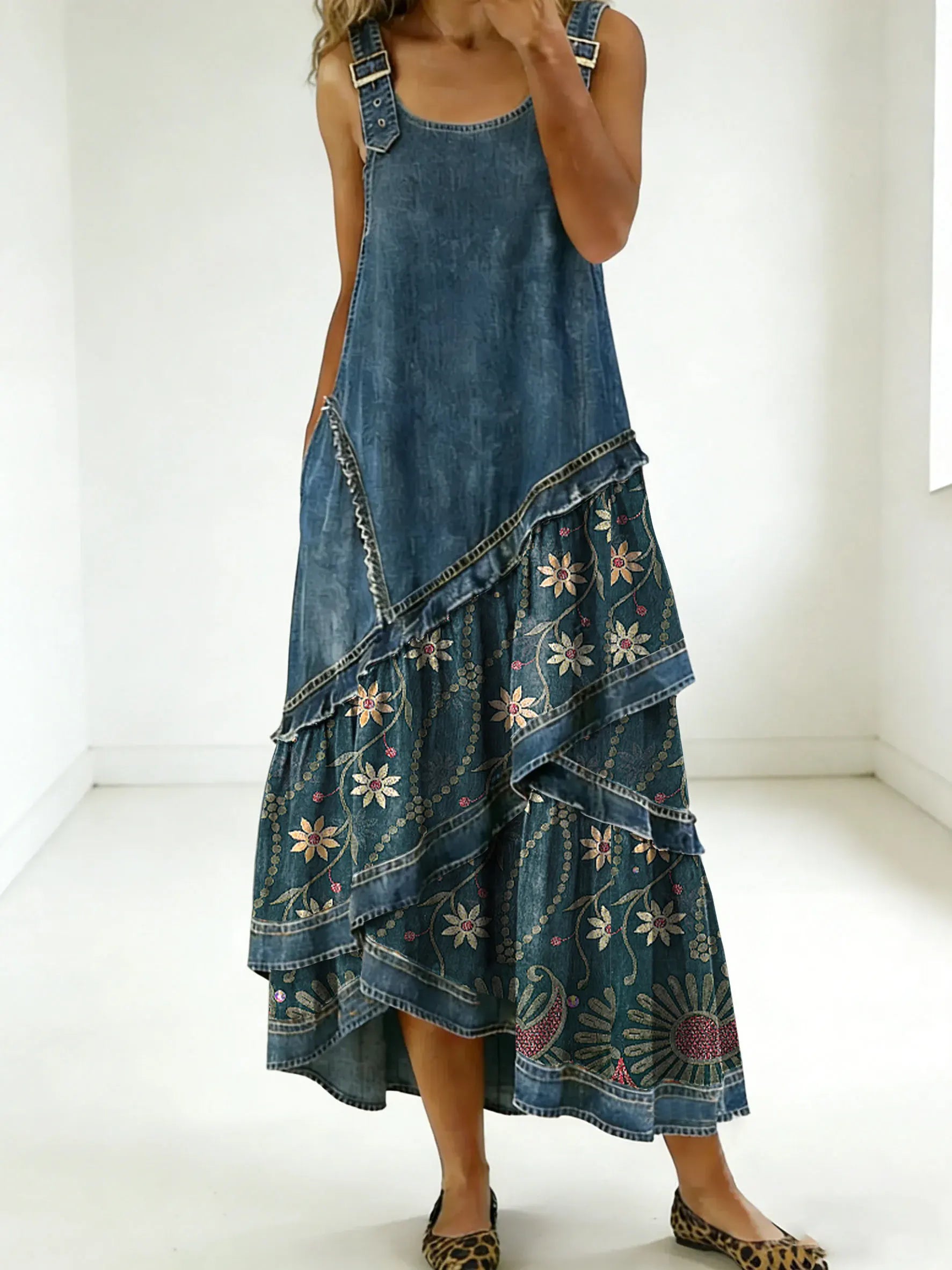 Women's Vintage Floral Sleeveless Multi-layered Ruffled Strap Dress