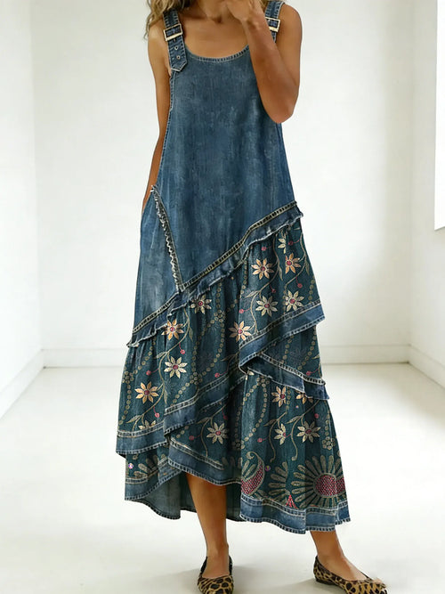 Women's Vintage Floral Sleeveless Multi-layered Ruffled Strap Dress