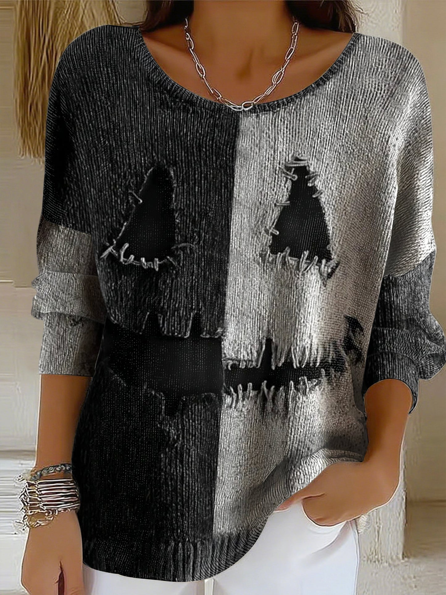 Women's Pumpkin Face Contrast Knitted Print Casual  Top