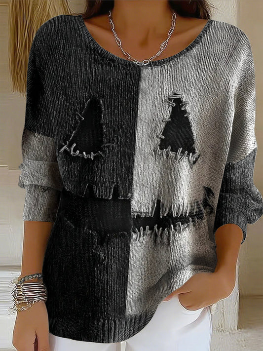 Women's Pumpkin Face Contrast Knitted Print Casual  Top