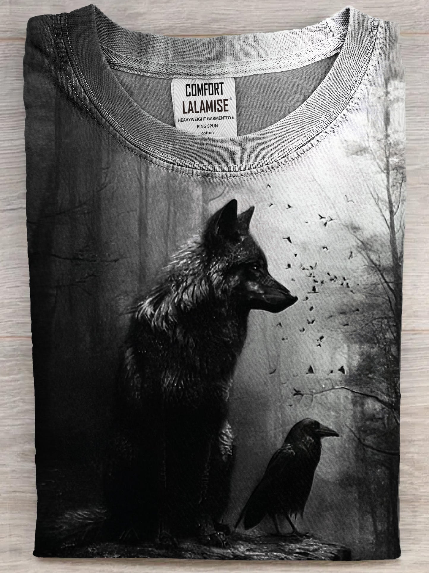 Funny Dark Wolf And Crow Art Print Casual Cotton Short Sleeve T-shirt