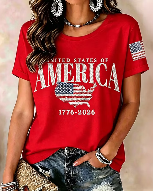 American Independence Day Map Stamp Print Crew Neck Short Sleeve Tshirt