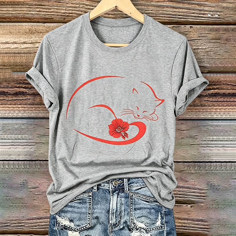 Women's Memorial Day Poppy Cat Art Printed T-Shirt