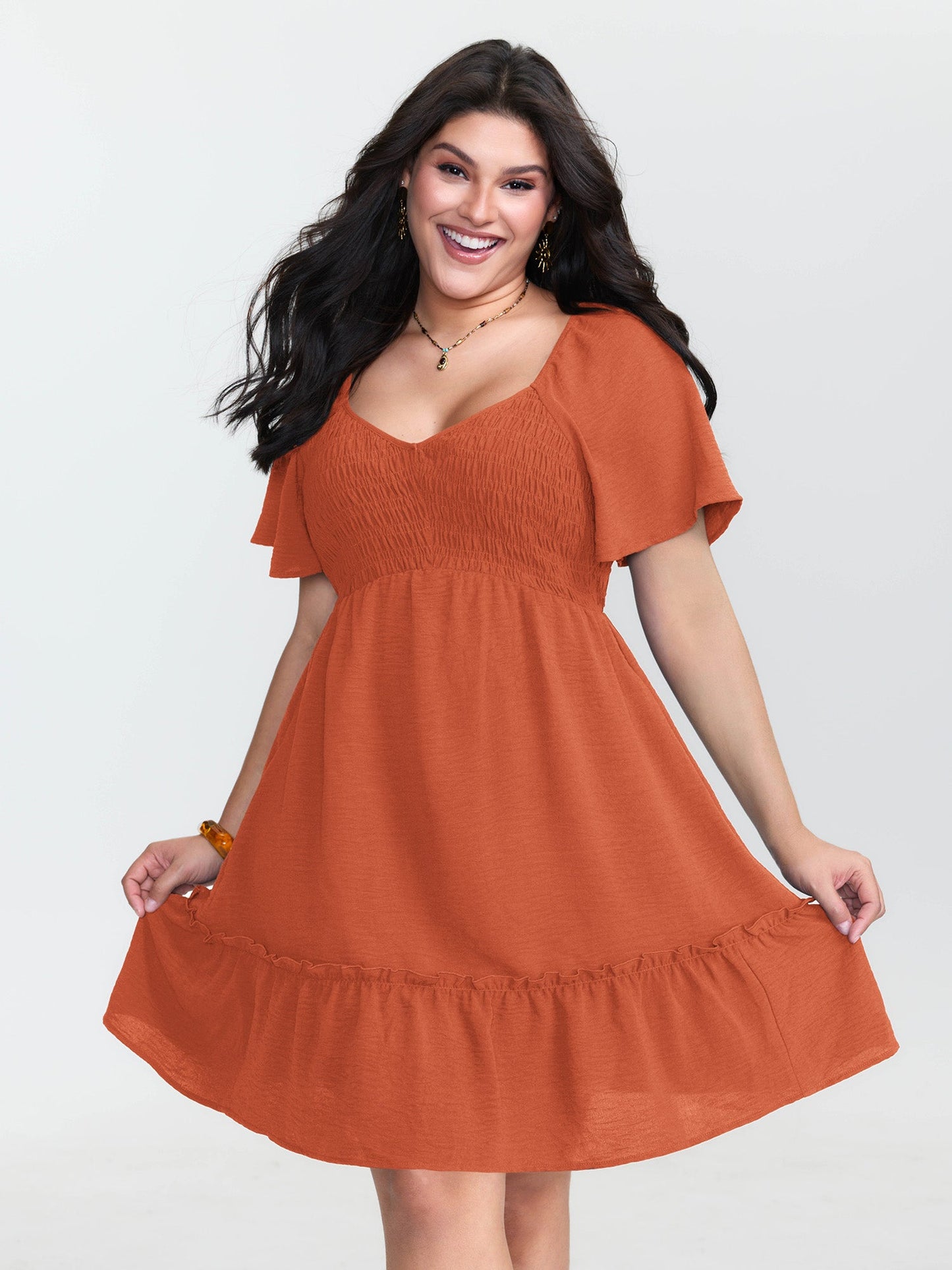 Shirred Bodice Ruffle Hem Flowy Mini Dress