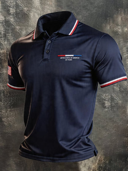 Men's Retro Patriotic Color-Block Short-Sleeve Polo Shirt