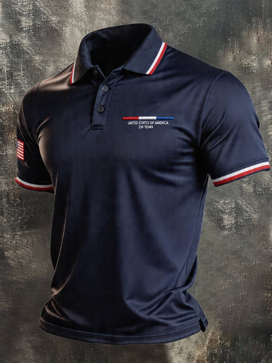 Men's Retro Patriotic Color-Block Short-Sleeve Polo Shirt