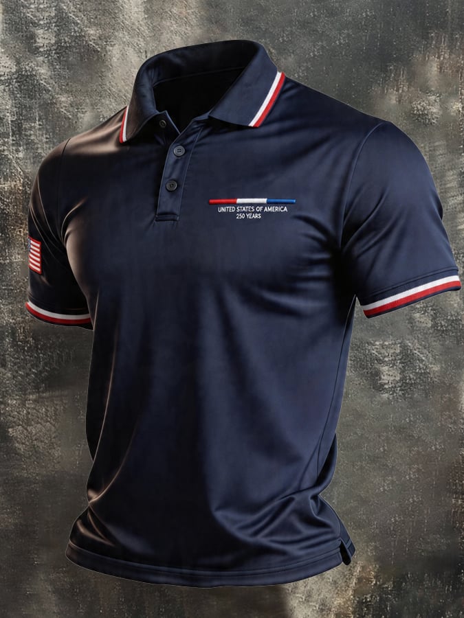 Men's Retro Patriotic Color-Block Short-Sleeve Polo Shirt
