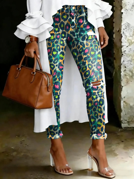 Women's Vintage Multicolor Leopard Totem Print Casual High-waisted Ripped Skinny Jeans