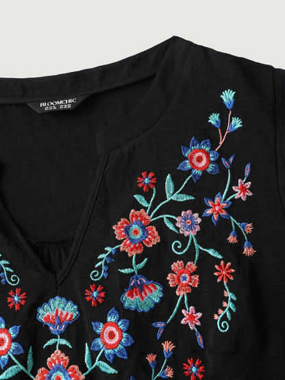Embroidered Neckline A-Line Ruffled Knee-Length Dress