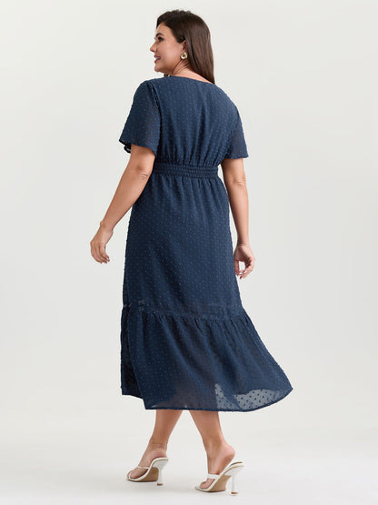 Textured Cinched-Waist V-Neck Midi Dress