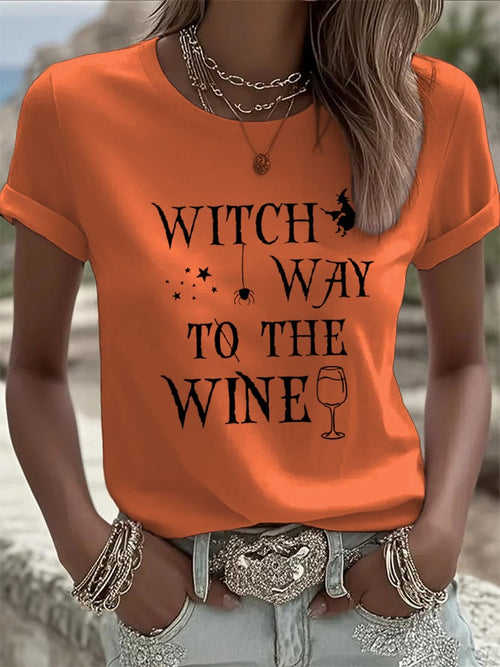 🔥HOT SALE🔥Women's Witch Way To The Wine Print Casual T-shirt