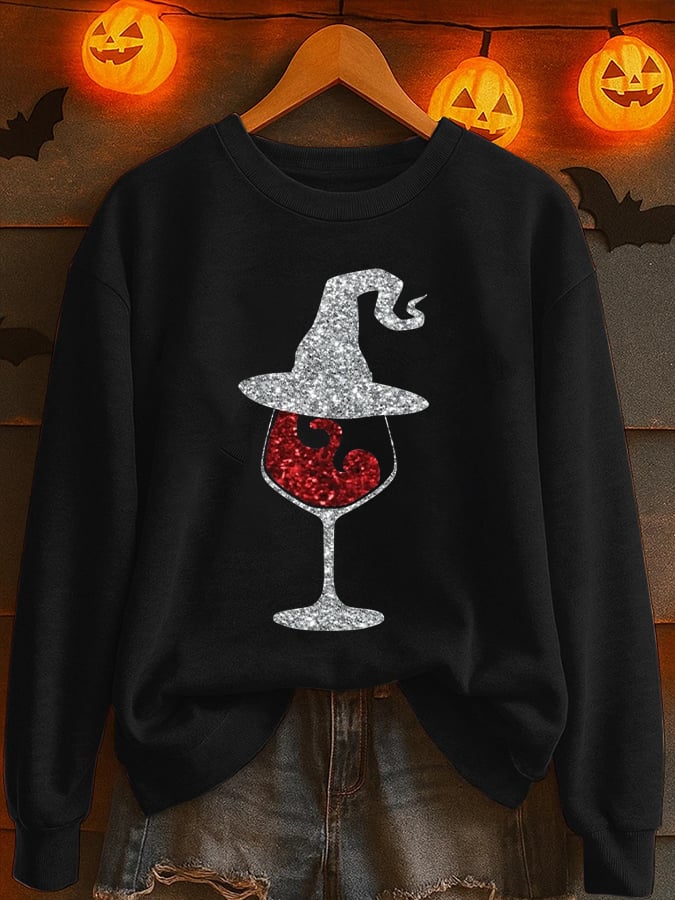 Women's Halloween Red Wine Glass Printed Sweatshirt