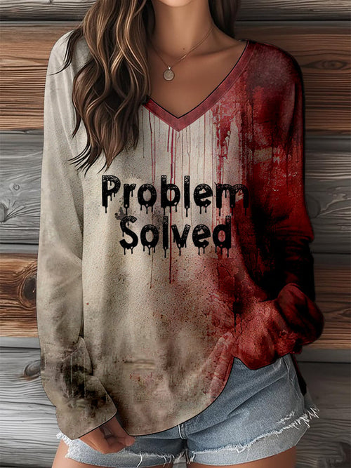Women's Halloween Bloody Problem Solved Printed V-Neck Long Sleeve T-Shirt
