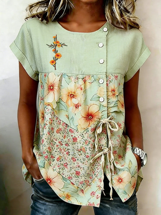 Women's Retro Floral Print Crew Neck Top