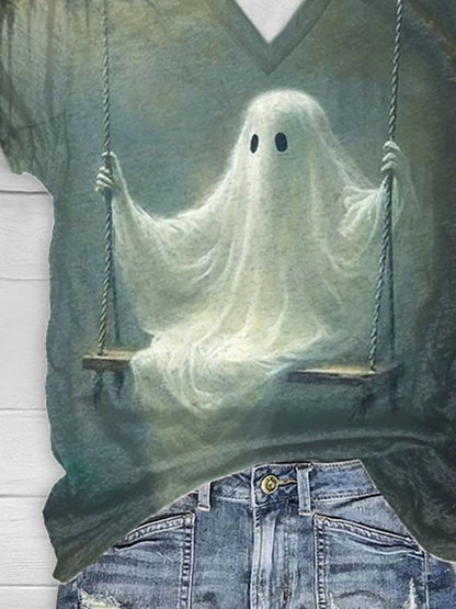 Women's Casual Ghost Art Print Short Sleeve T-Shirt