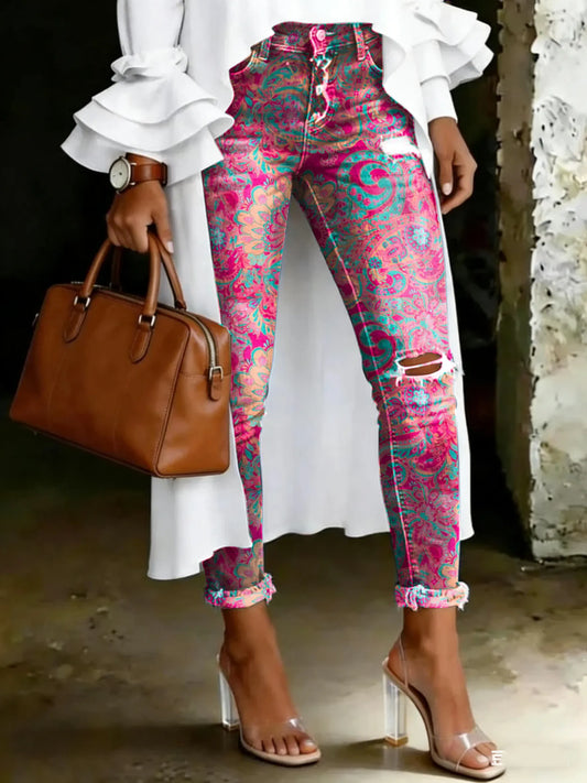 Women's Vintage Multicolor Paisley Print Casual High-waisted Ripped Skinny Jeans